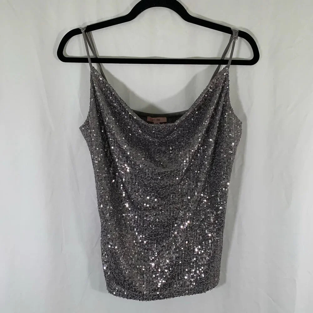 PS Love Tank Top Women's Medium Grey Silver Sequin TeaElla Draped Neckline
